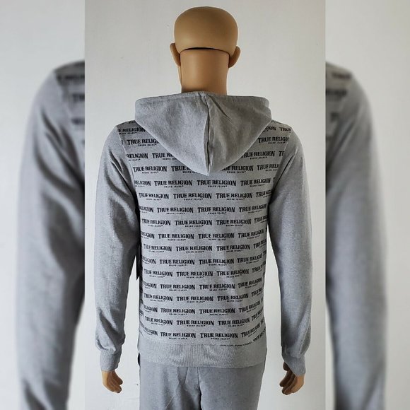 TRUE RELIGION LOUNGEWEAR HODDIE MEN ALLOVER PRINT SCRIPT REPEAT LOGO SIZE S GREY - Picture 9 of 11